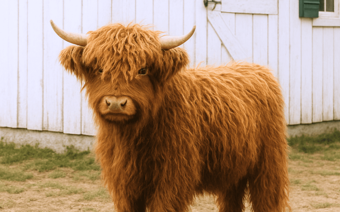 A mini highland cow in front of a white barn with green shutters